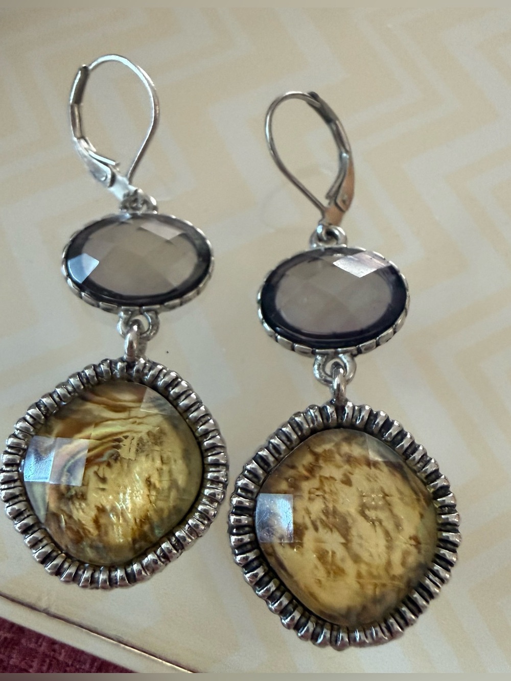 Faceted Smoky Top Yellow Glass Drop Earrings with Silver Accents
